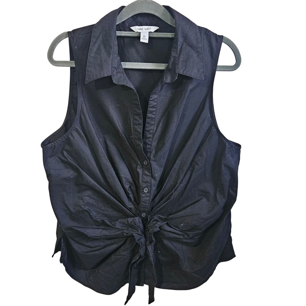 Nine West Black Sleeveless Button-Front Tie-Front Blouse